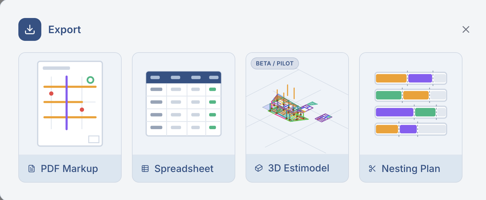 Export menu with PDF Markup, Spreadsheet, 3D Estimodel, and Nesting Plan options