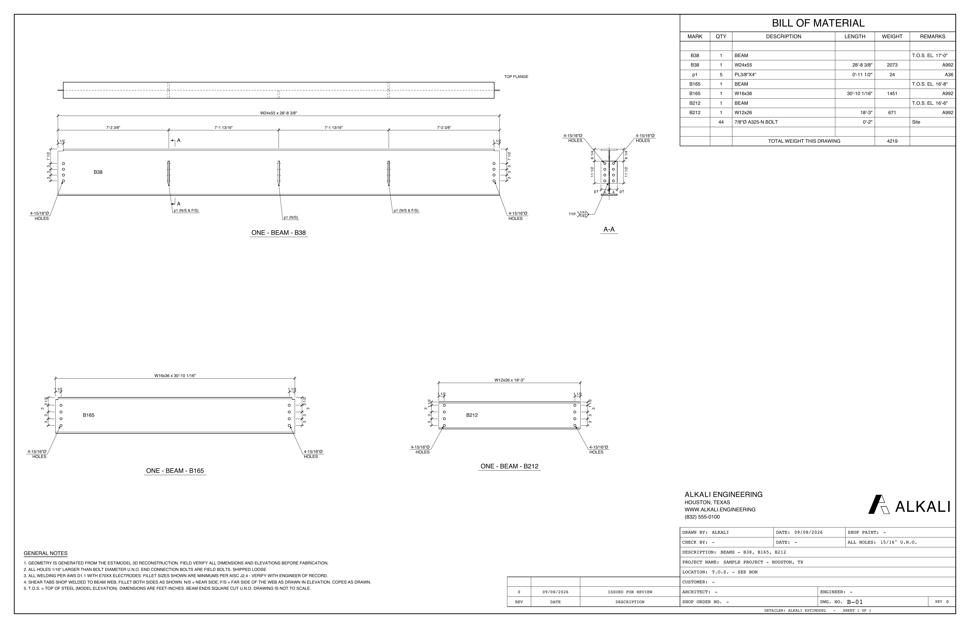 Alkali beam shop drawing: a W24 girder with shear tabs and two infill beams on one sheet