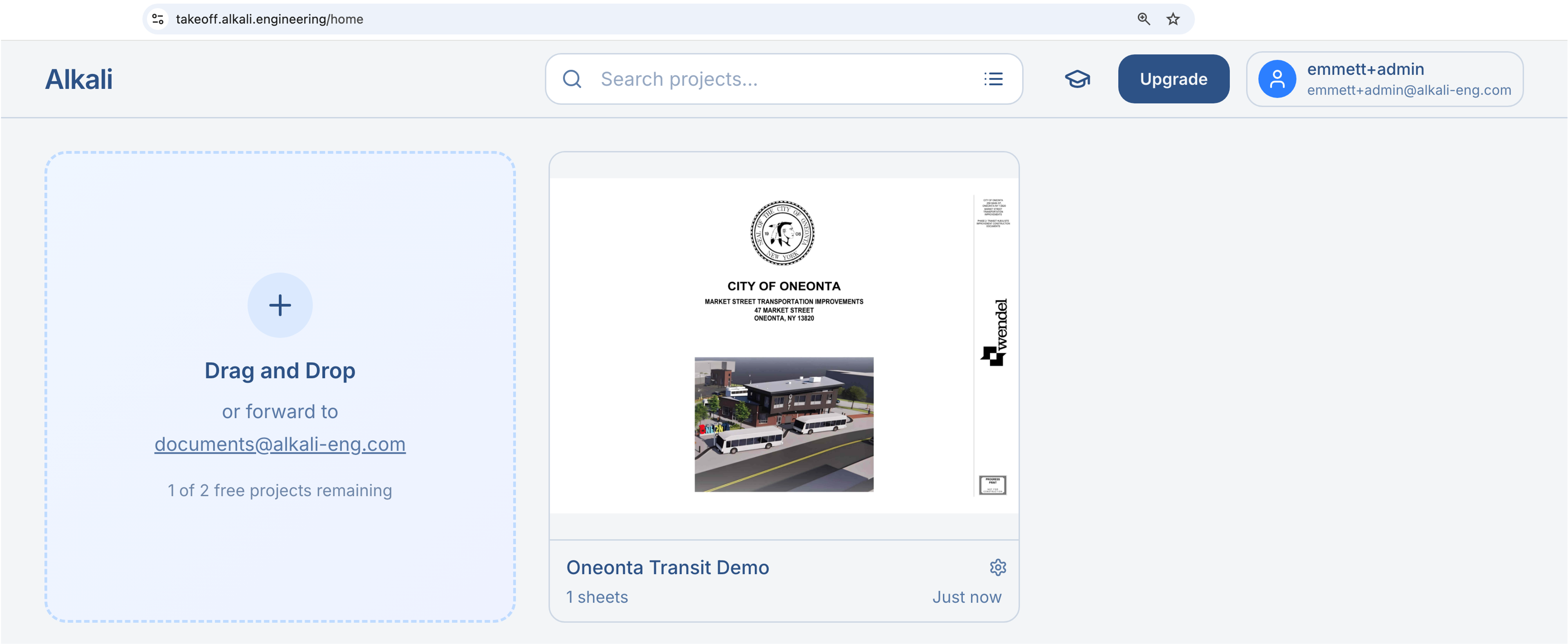 Alkali home page with project upload